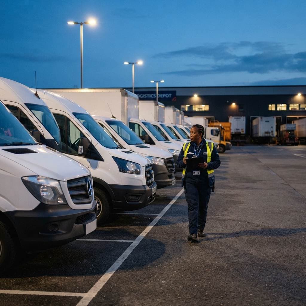 Fleet supervisor walking a lineup of delivery vans at dusk