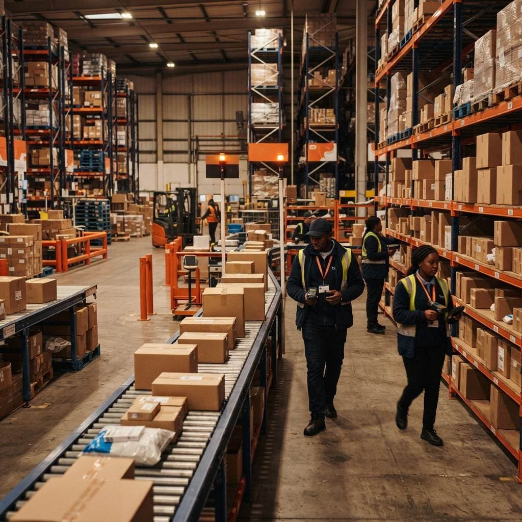 Warehouse staff scanning inventory on an operations floor