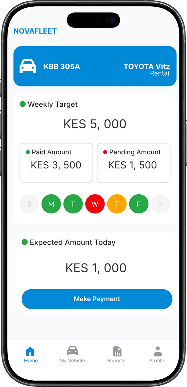 NovaFleet driver app showing weekly target, paid and pending amounts