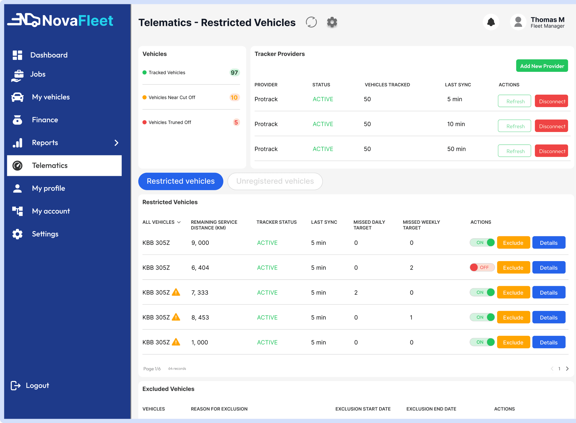 NovaFleet telematics view with tracked vehicles and tracker provider sync status