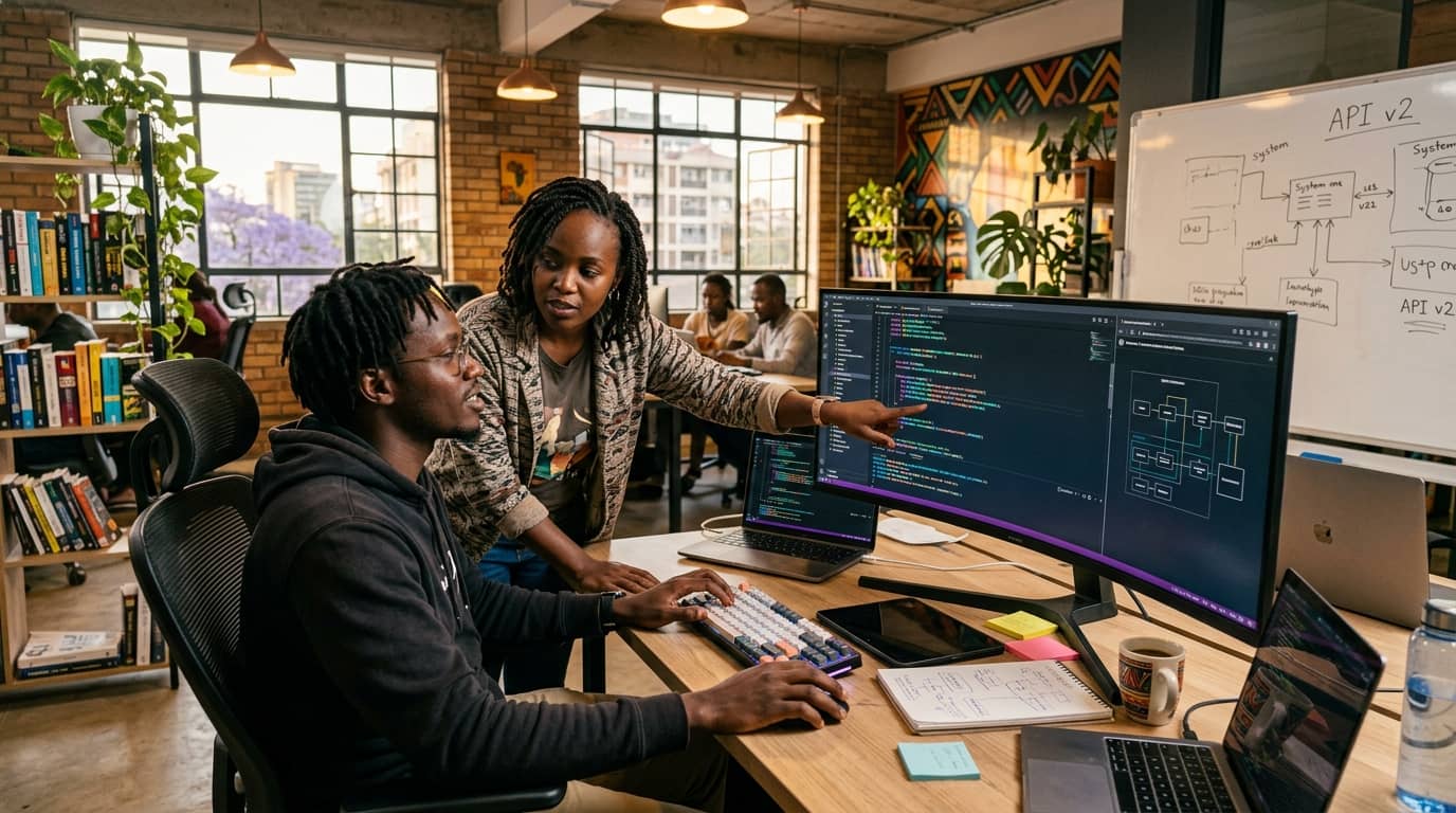 Developers pair-programming an internal tools portal