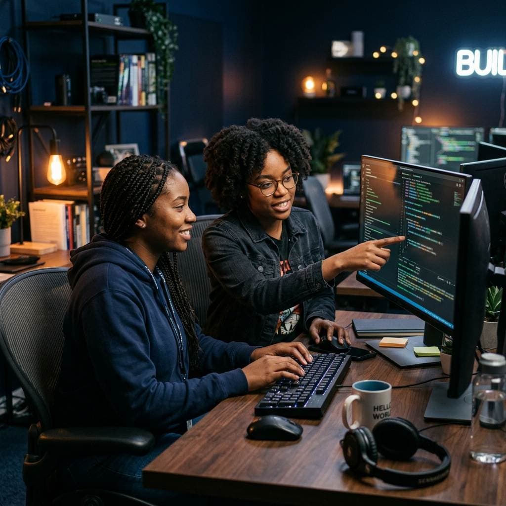 Two developers pair-programming at a monitor in a warm studio