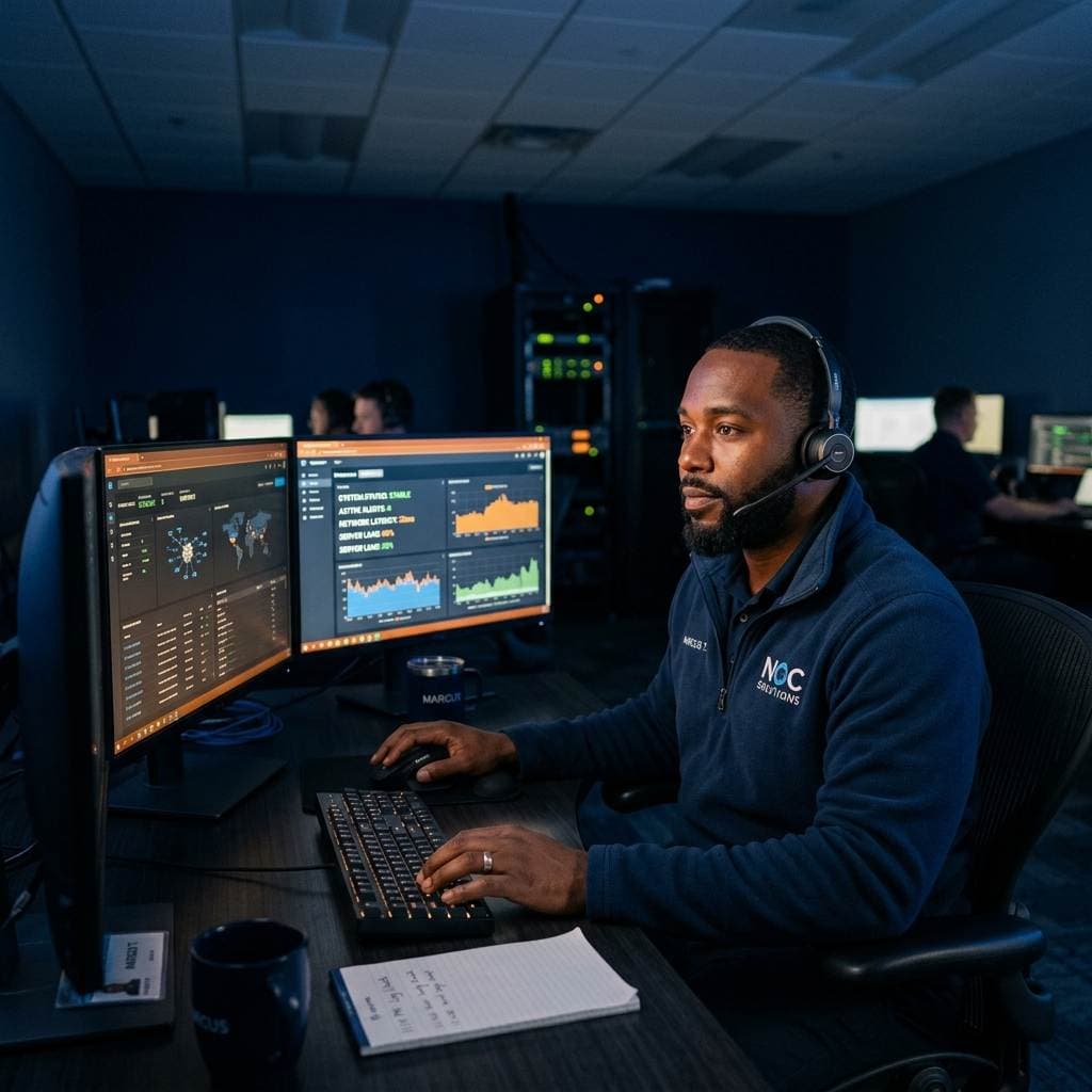 Support engineer monitoring live dashboards with a headset