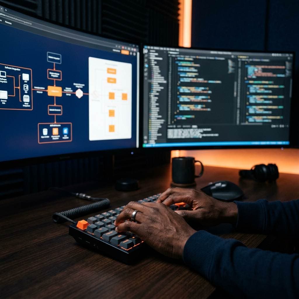 Engineer typing with integration diagrams and code across dual monitors