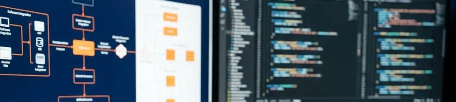 Engineer typing with integration diagrams and code across dual monitors