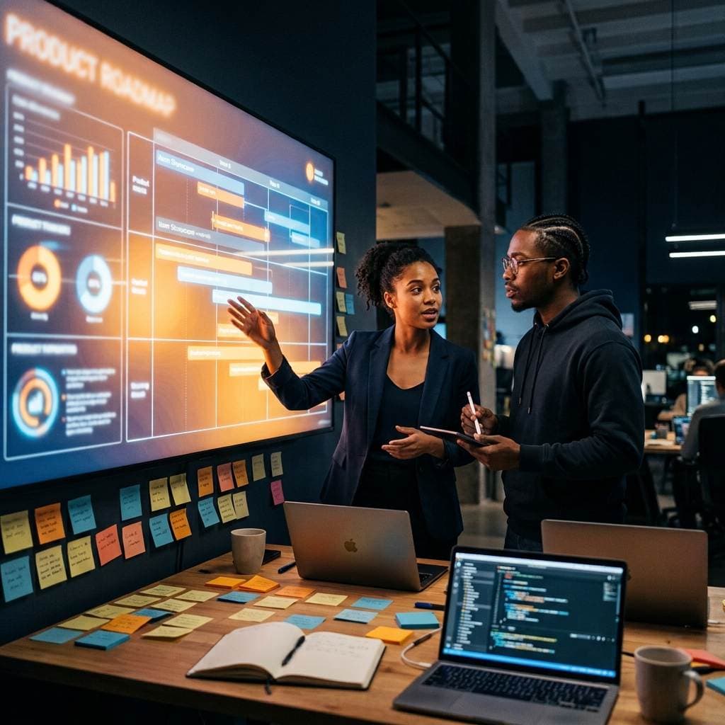 Founder reviewing a product roadmap with an engineer in a studio