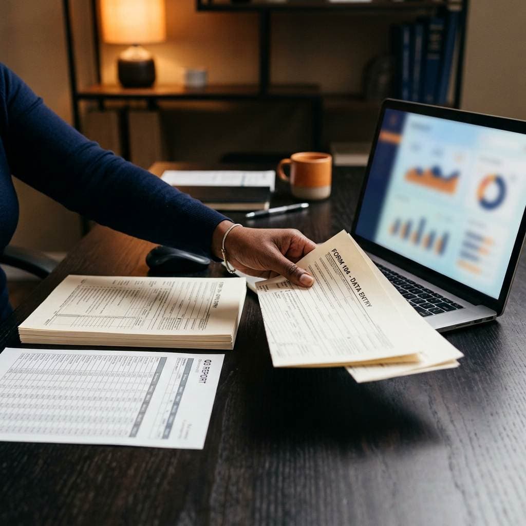 Hand moving paper forms toward a laptop showing dashboards