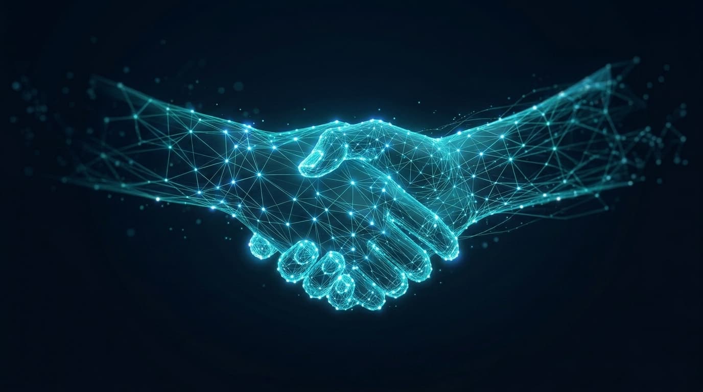 Two hands shaking, rendered as a glowing digital wireframe mesh